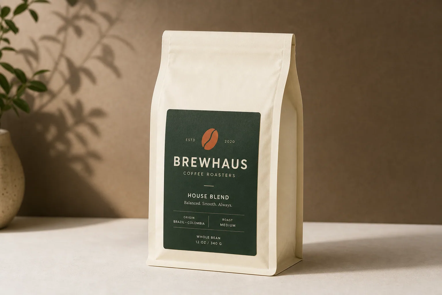 BrewHaus small-batch coffee bag with dark green label